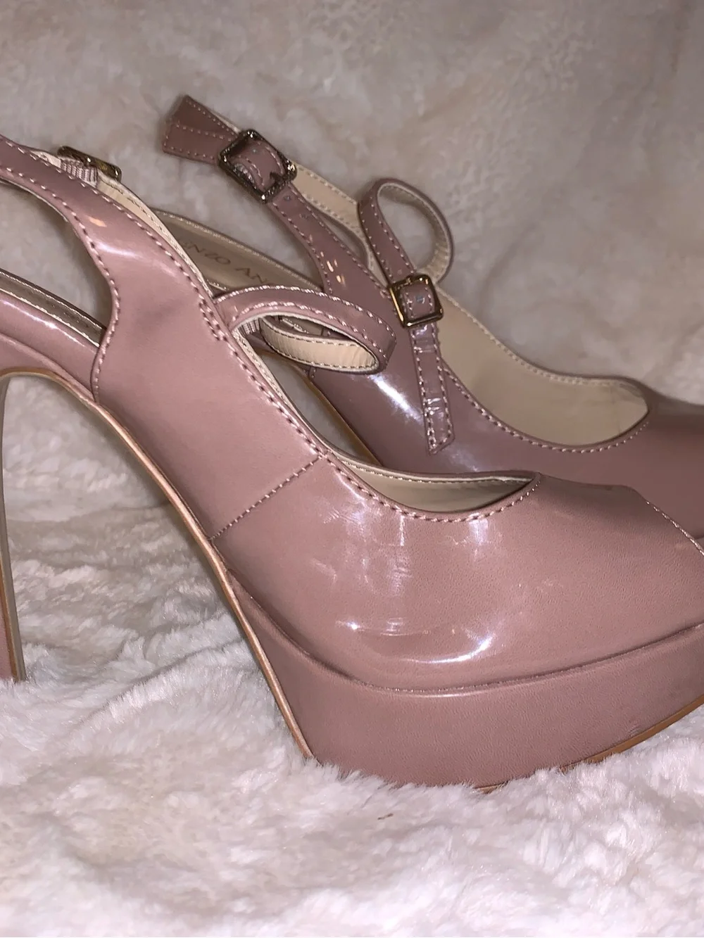 Enzo Angiolini Patent Peep-Toe Platform Heels in Nude/Taupe